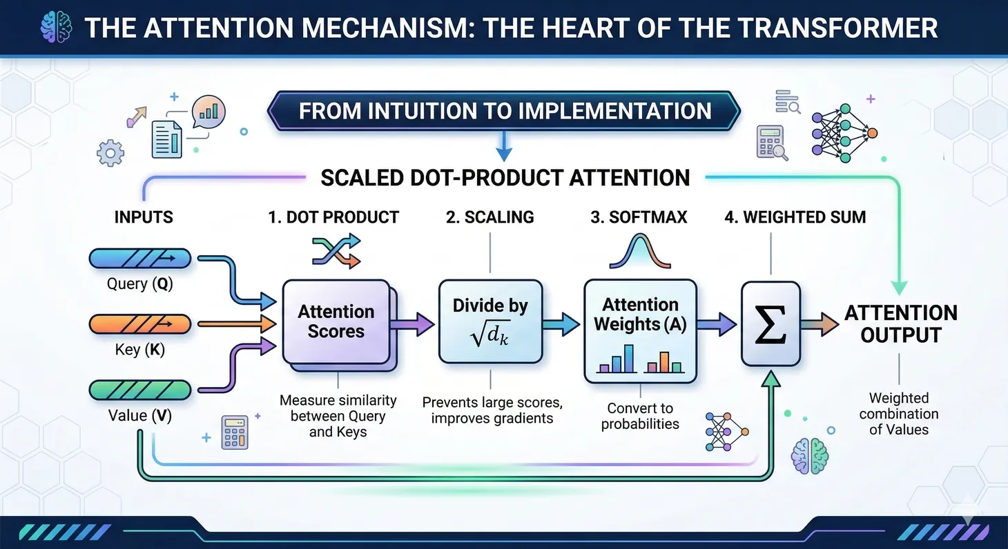 Scaled dot-product attention with query, key, value matrices and softmax