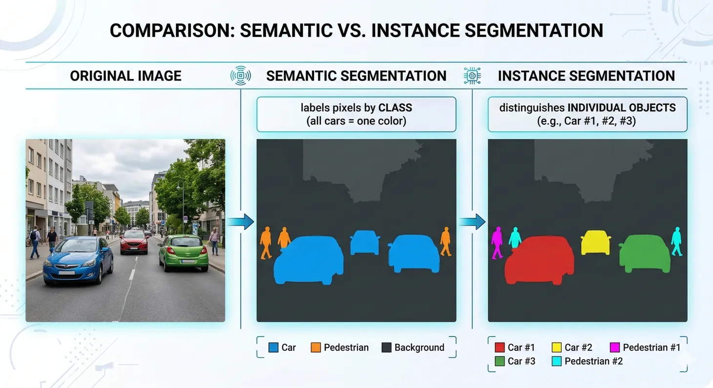 Semantic vs instance segmentation showing pixel-level classification