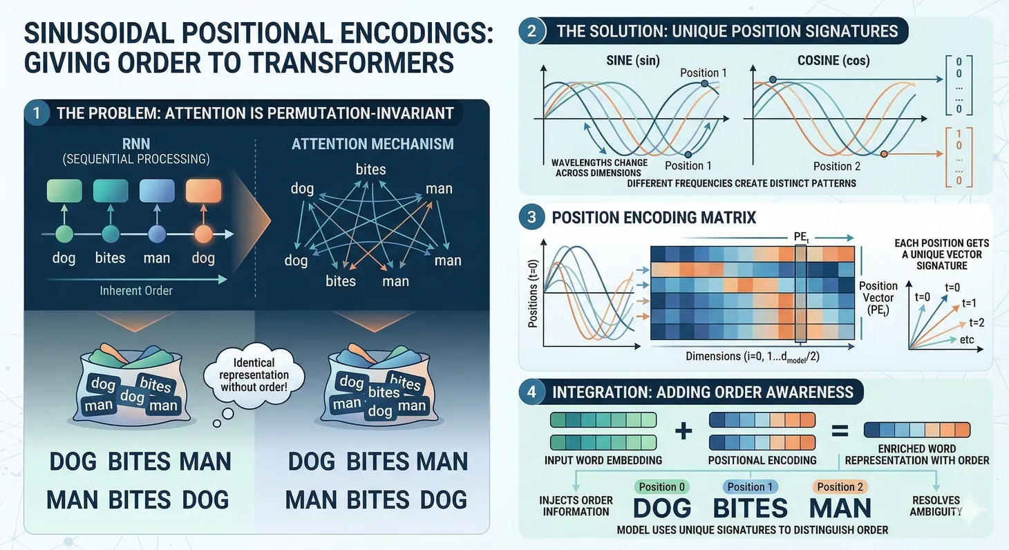 Sinusoidal positional encoding patterns across sequence positions and dimensions