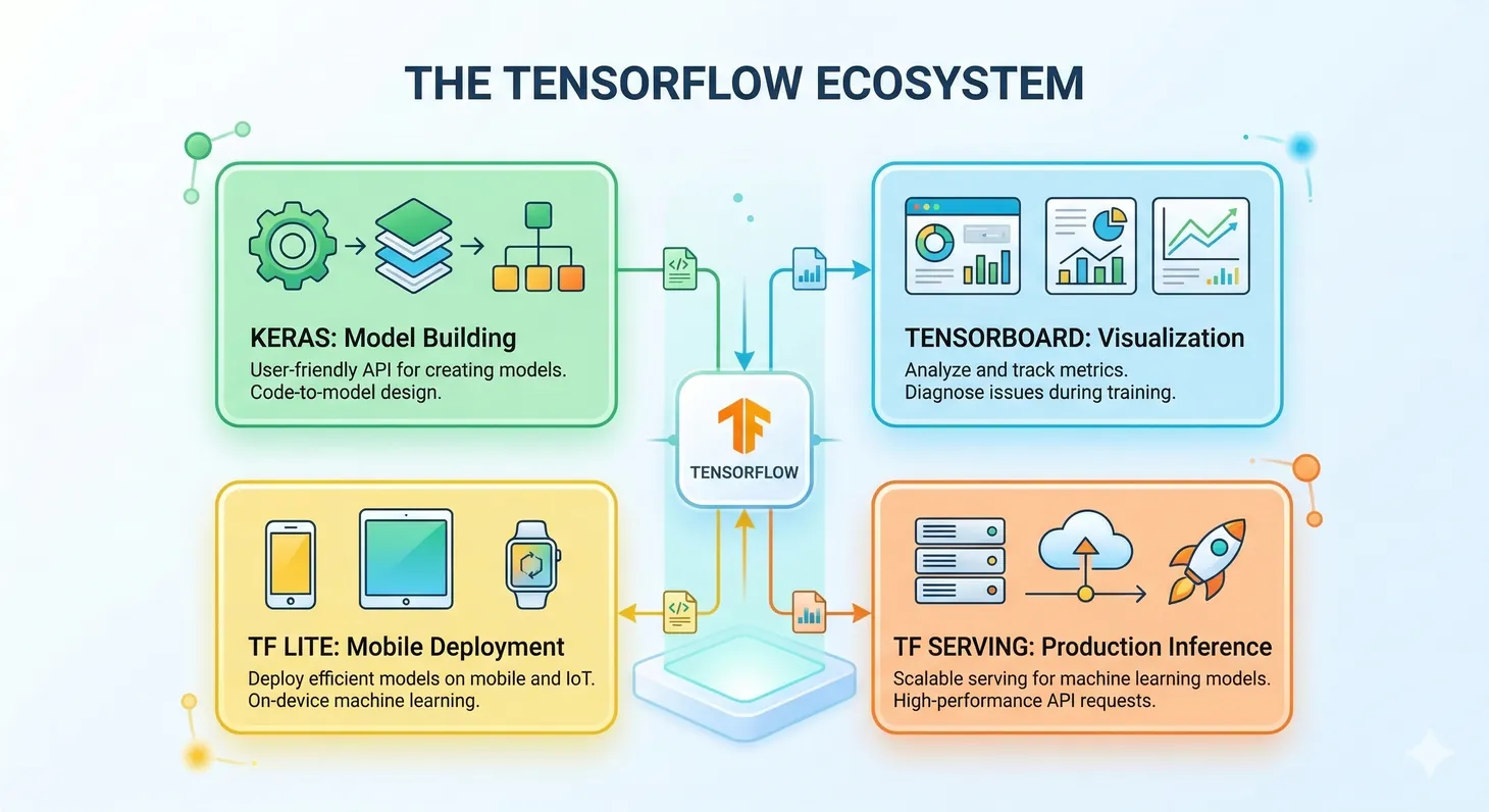 TensorFlow ecosystem showing Keras, TensorBoard, TFLite, and TF Serving
