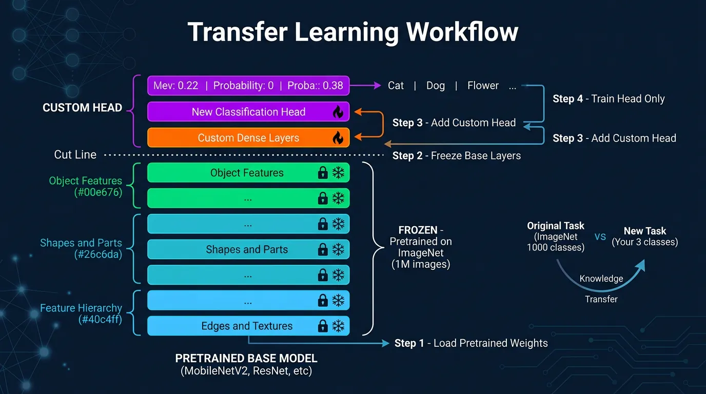 Transfer learning workflow: frozen pretrained base with custom classification head