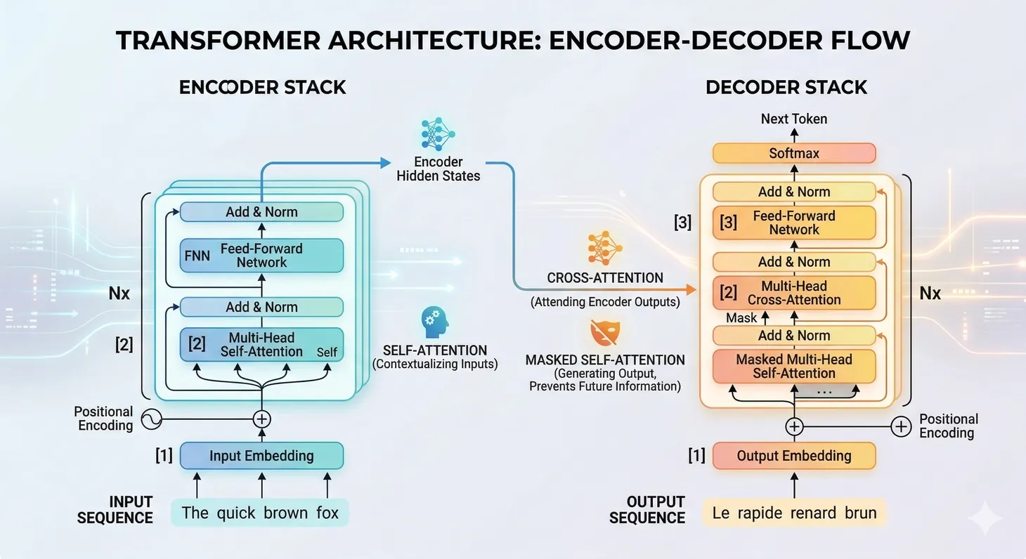 Full Transformer encoder-decoder architecture with attention layers