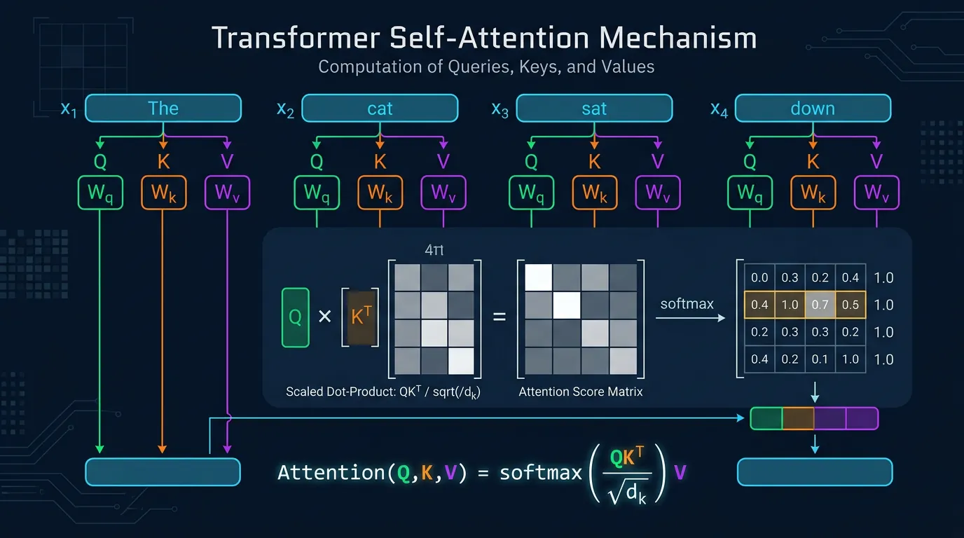 Transformer self-attention mechanism showing query-key-value computation
