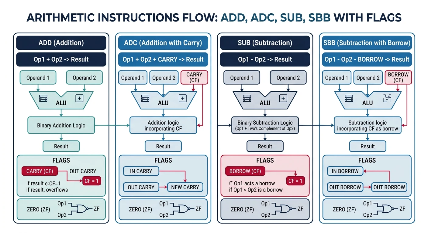 Diagram showing ADD, SUB, ADC, and SBB instruction flow with carry and borrow flags