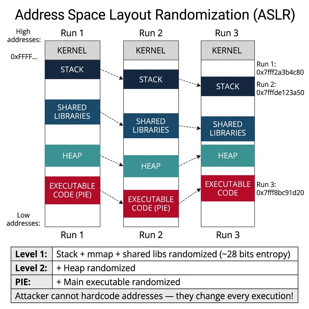 ASLR memory layout randomization showing different base addresses across program executions
