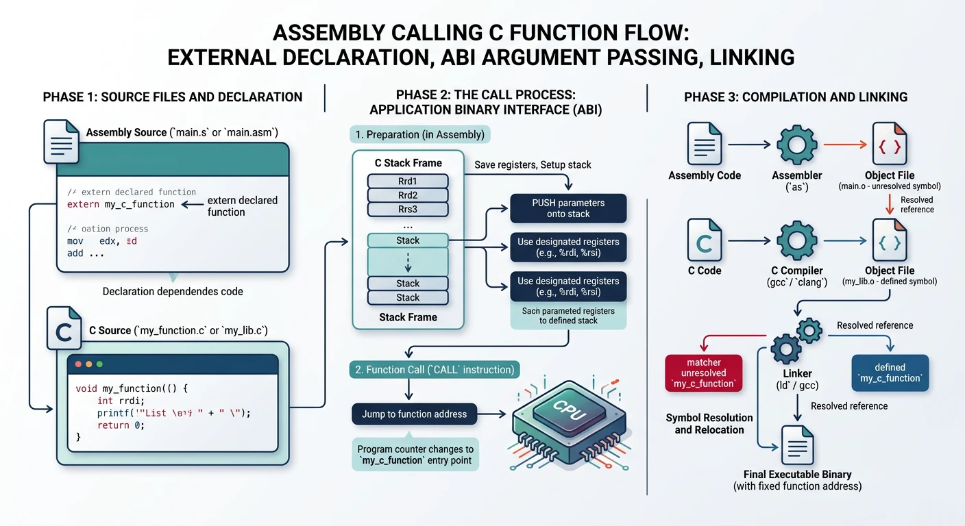 Assembly calling C function flow showing extern declaration, ABI argument passing, and linking