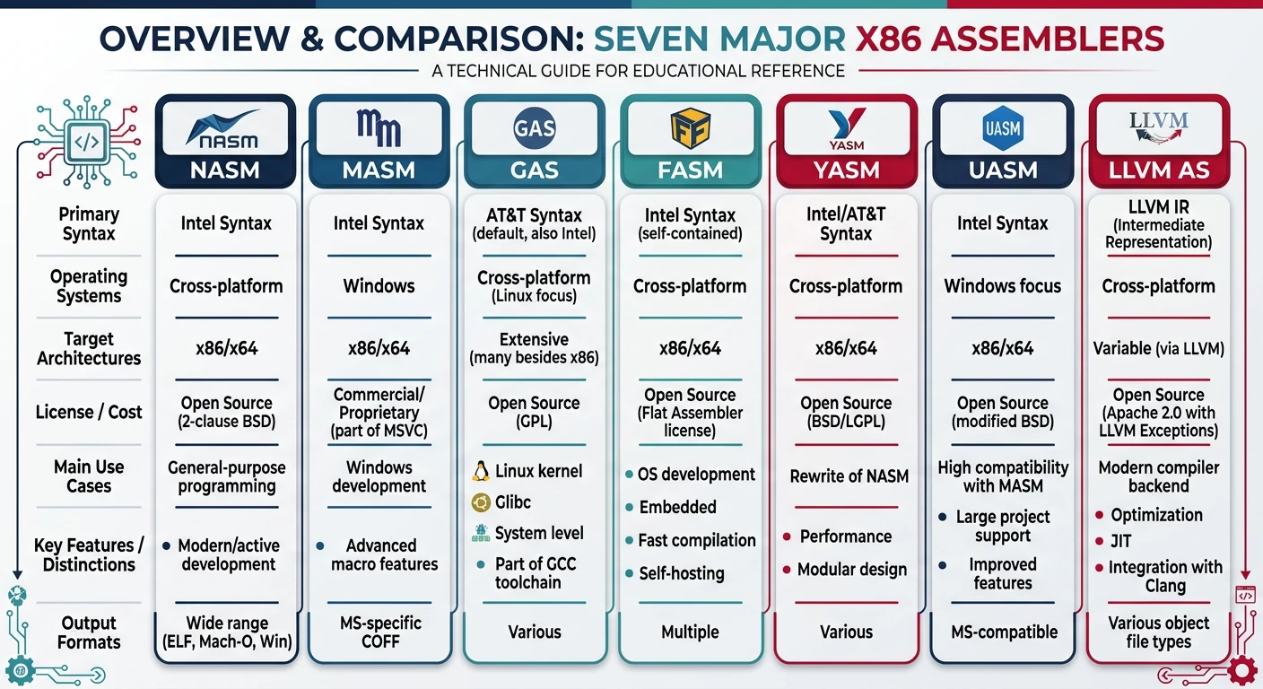 Overview diagram comparing seven major x86 assemblers: NASM, MASM, GAS, FASM, YASM, UASM, and LLVM AS