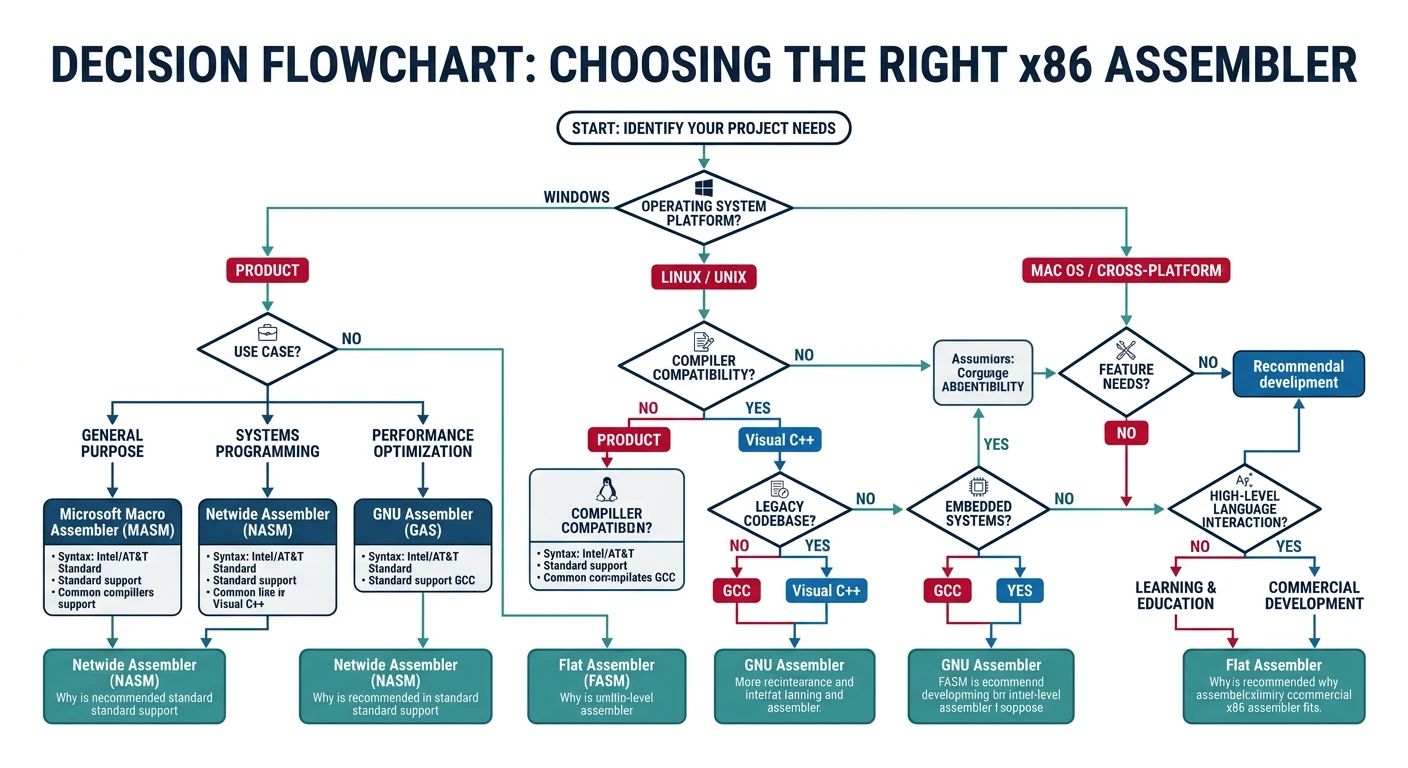 Decision flowchart for choosing the right x86 assembler based on platform and use case