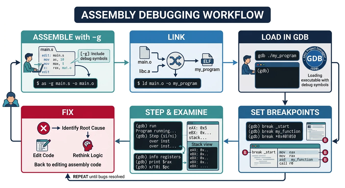 Assembly debugging workflow: assemble with -g, link, load in GDB, set breakpoints, step, examine, fix