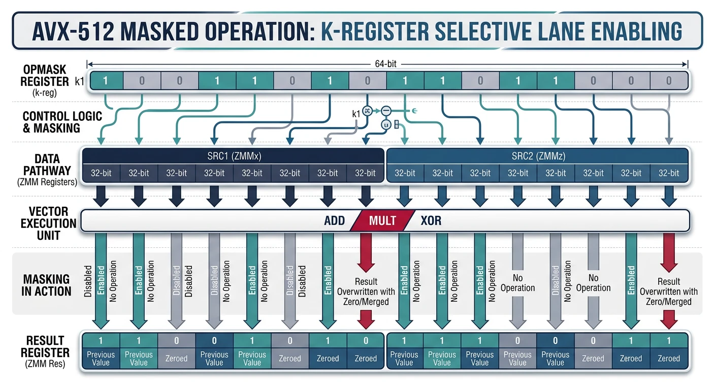 AVX-512 masked operation diagram showing k-register bits selectively enabling ZMM lanes