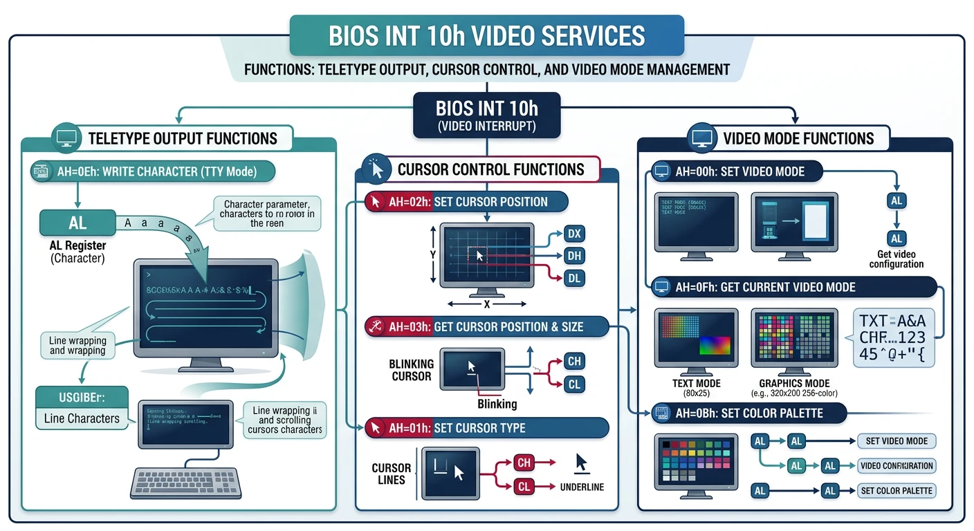 BIOS INT 10h video services showing teletype output, cursor control, and video mode functions