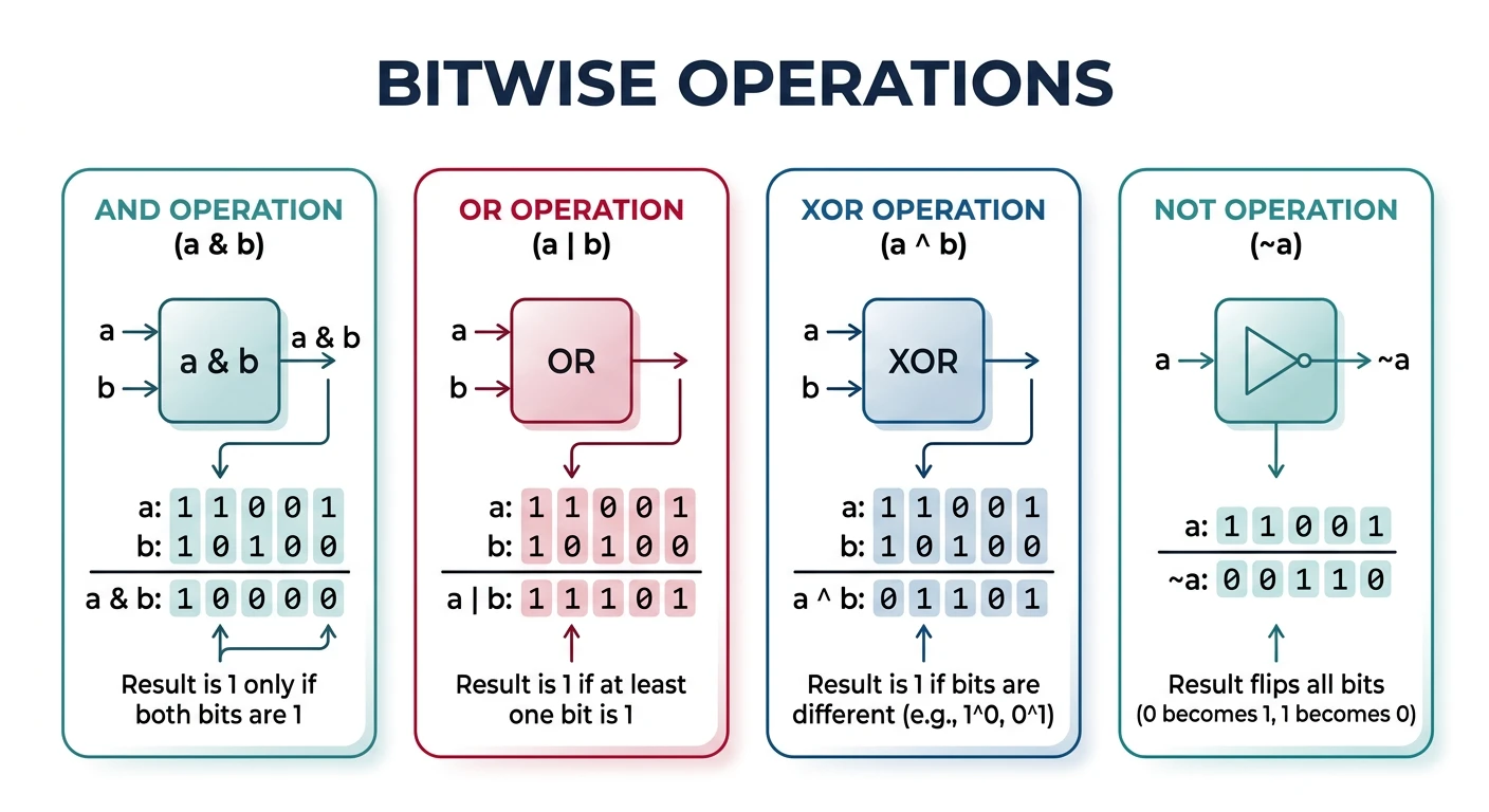 Visual representation of AND, OR, XOR, and NOT bitwise operations on binary values