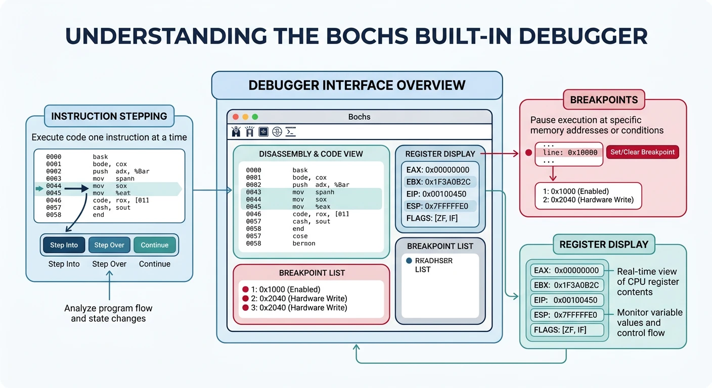 Bochs built-in debugger with instruction stepping, breakpoints, and register display