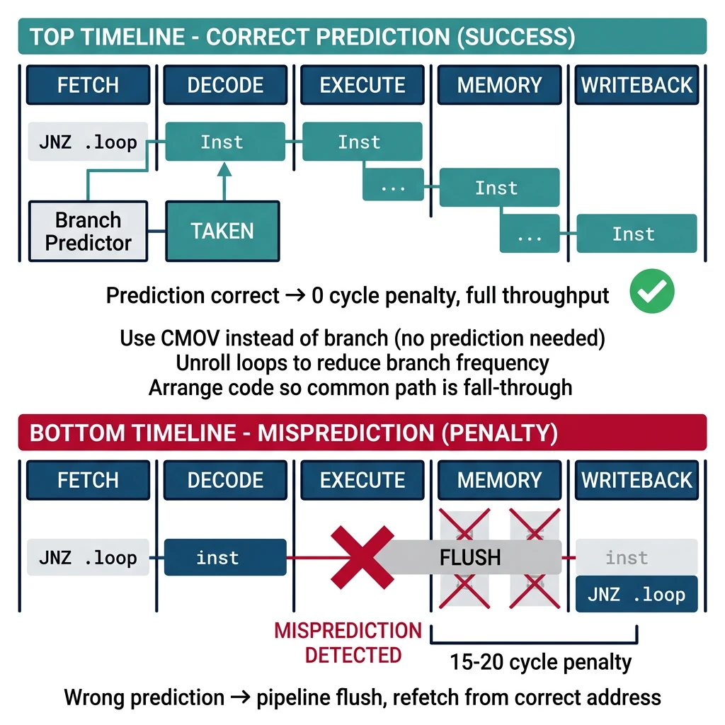Branch prediction flow showing correct prediction fast path vs misprediction pipeline flush penalty
