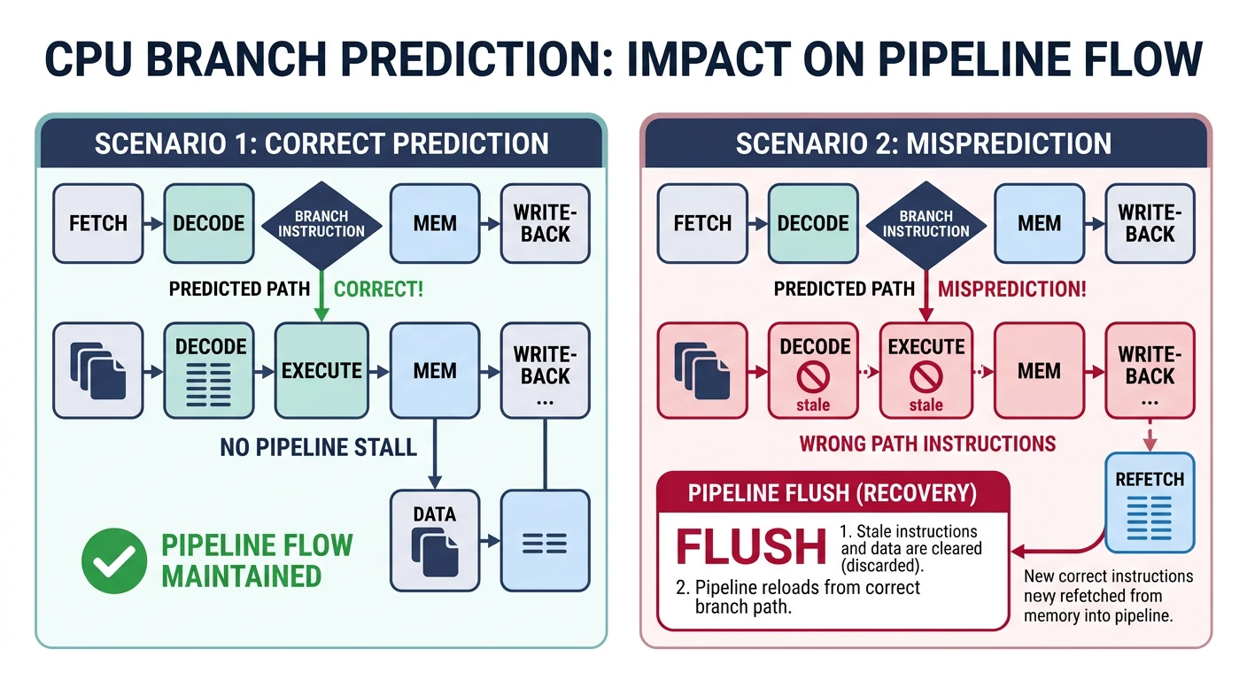Diagram showing CPU branch prediction with correct prediction maintaining pipeline flow versus misprediction causing a flush