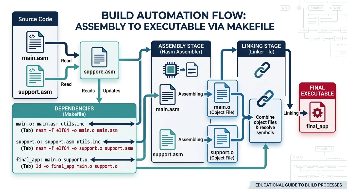 Build automation flow from assembly source to executable using Makefile dependencies