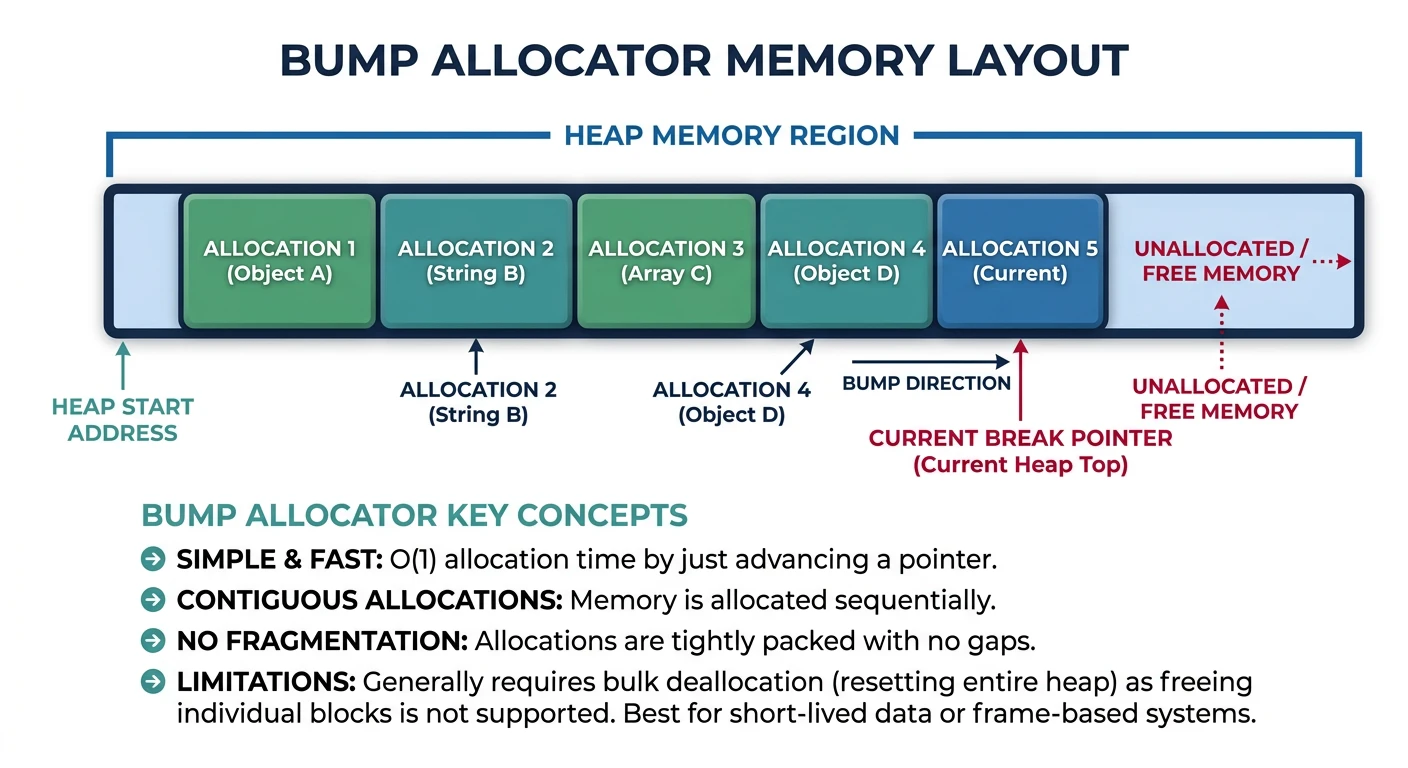 Bump allocator memory layout showing heap start, sequential allocations, and current break pointer