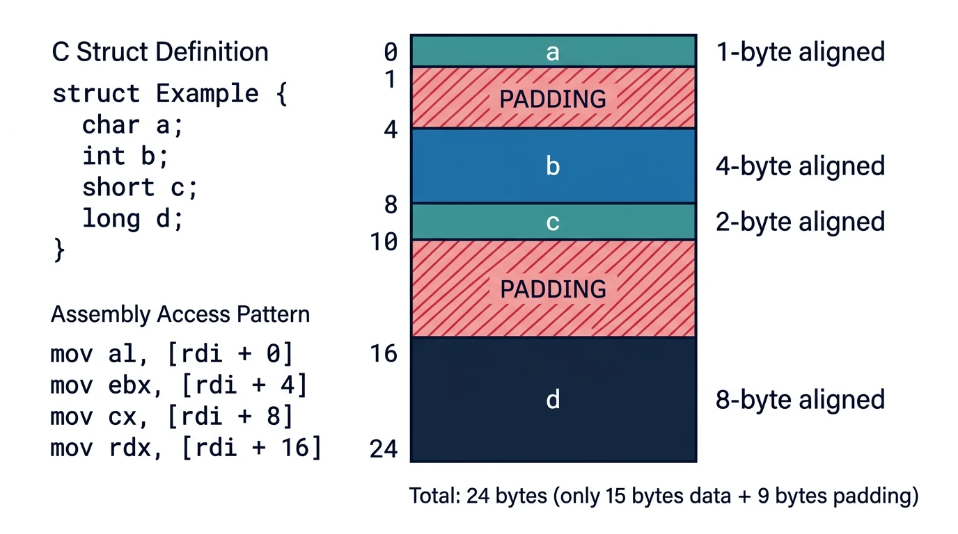 C struct memory layout showing alignment padding and byte offsets for assembly access