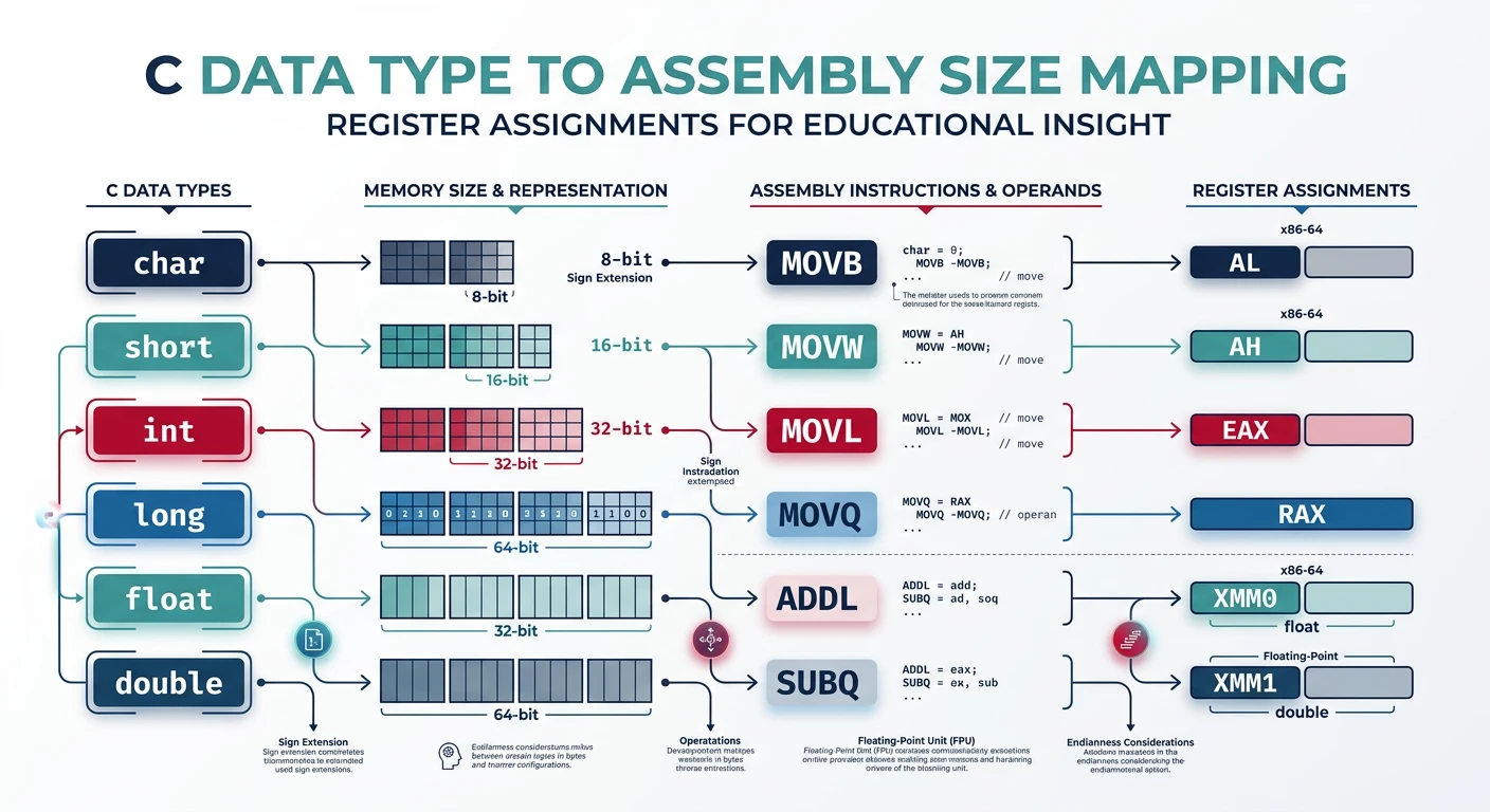 C data type to assembly size mapping showing char, int, long, float, double register assignments