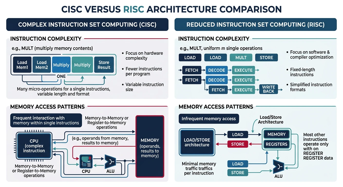 CISC versus RISC architecture comparison showing instruction complexity and memory access patterns
