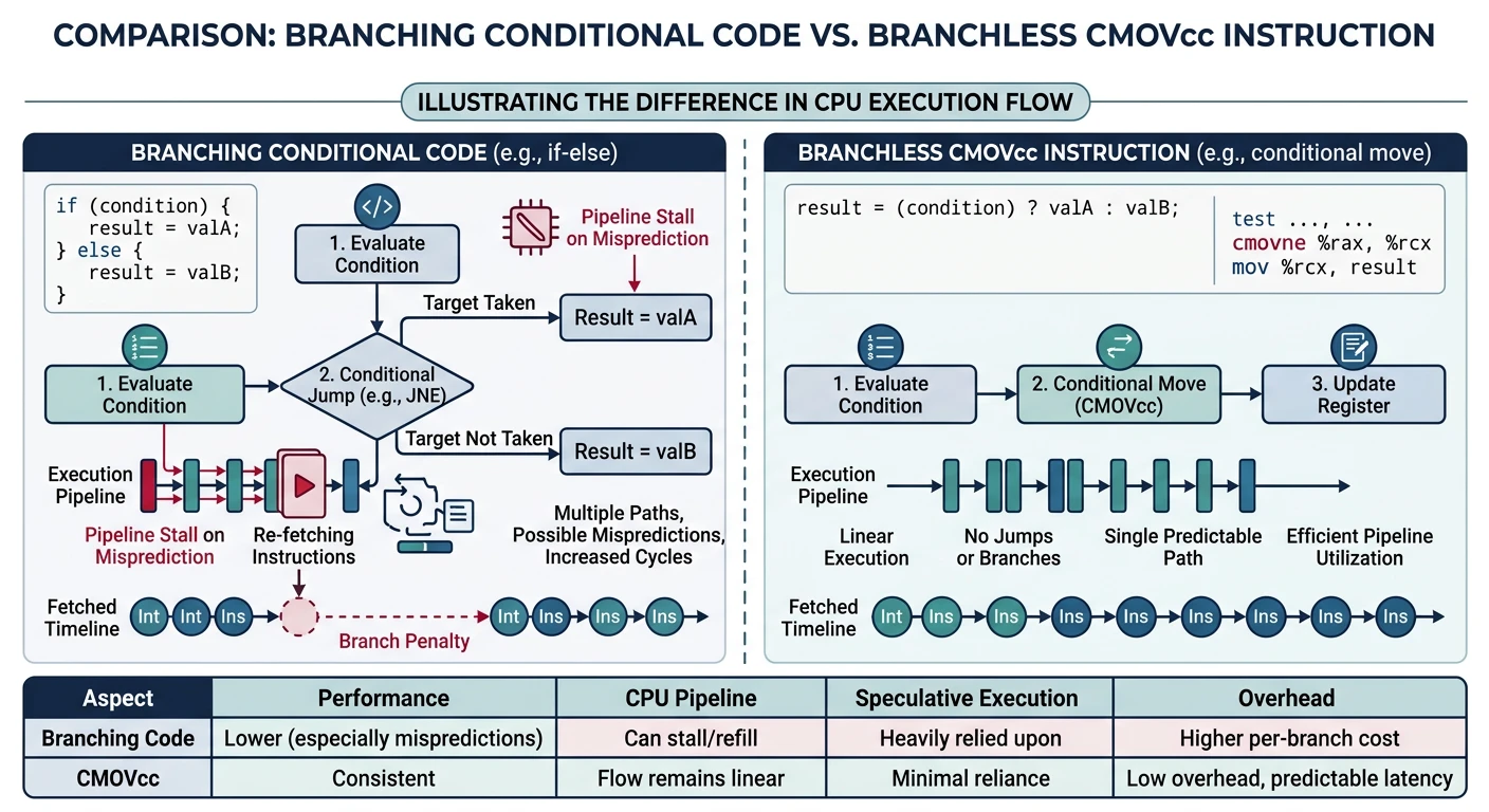 Comparison of branching conditional code versus branchless CMOVcc instruction