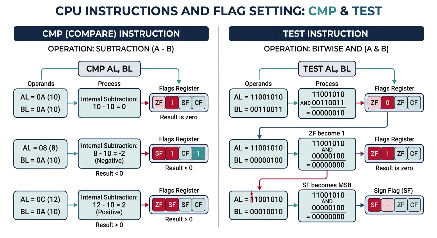 Diagram showing CMP performing subtraction and TEST performing AND to set CPU flags
