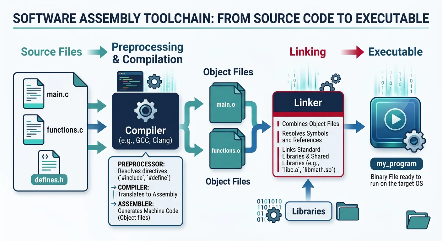 Assembly toolchain showing the role of compilers and linkers in converting source code to executables