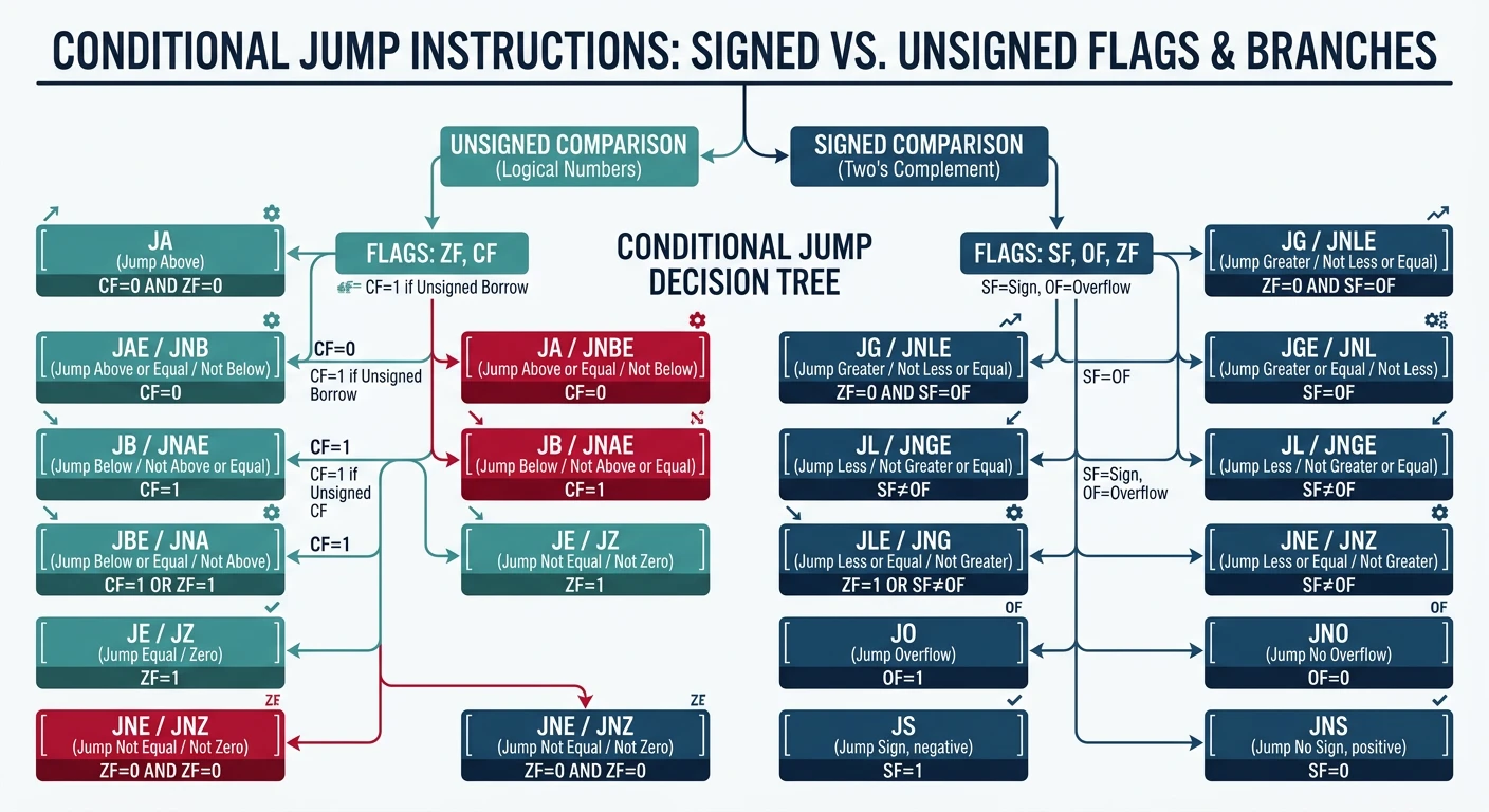 Decision tree showing signed and unsigned conditional jump instructions based on flag states