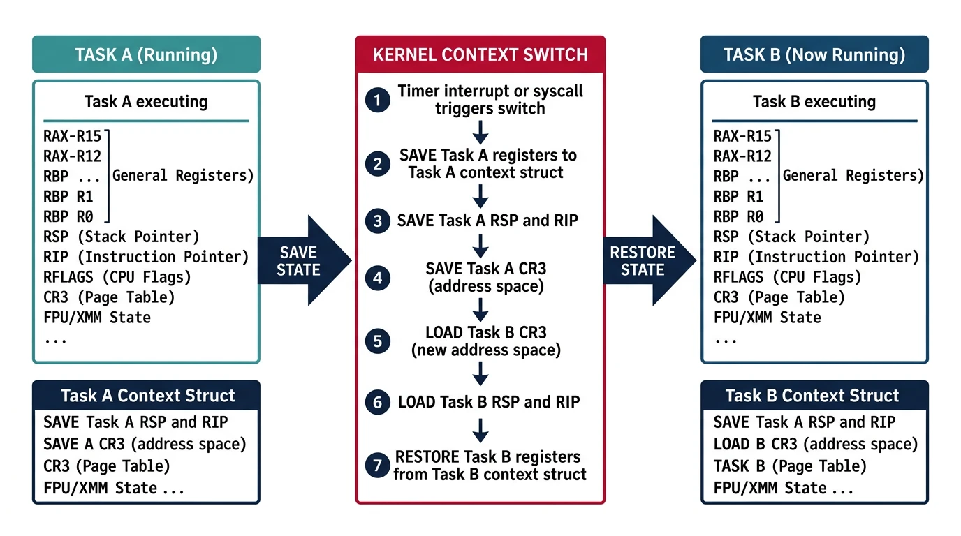Context switching flow showing CPU state save and restore between two running tasks