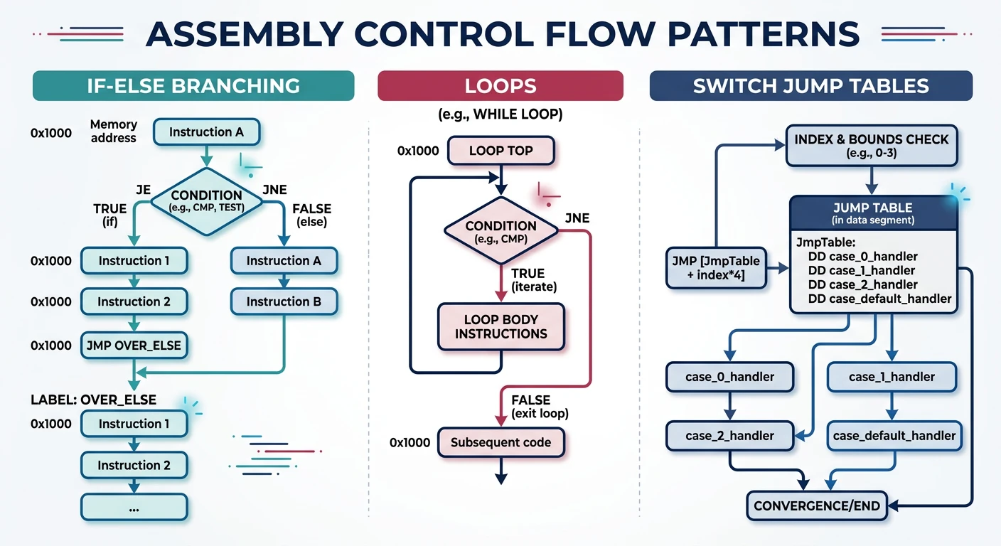 Assembly control flow patterns showing if-else branches, loops, and switch jump tables