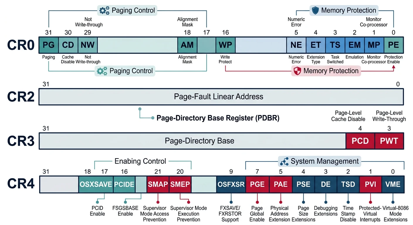Control registers CR0, CR2, CR3, CR4 showing bit fields for paging, protection, and memory management