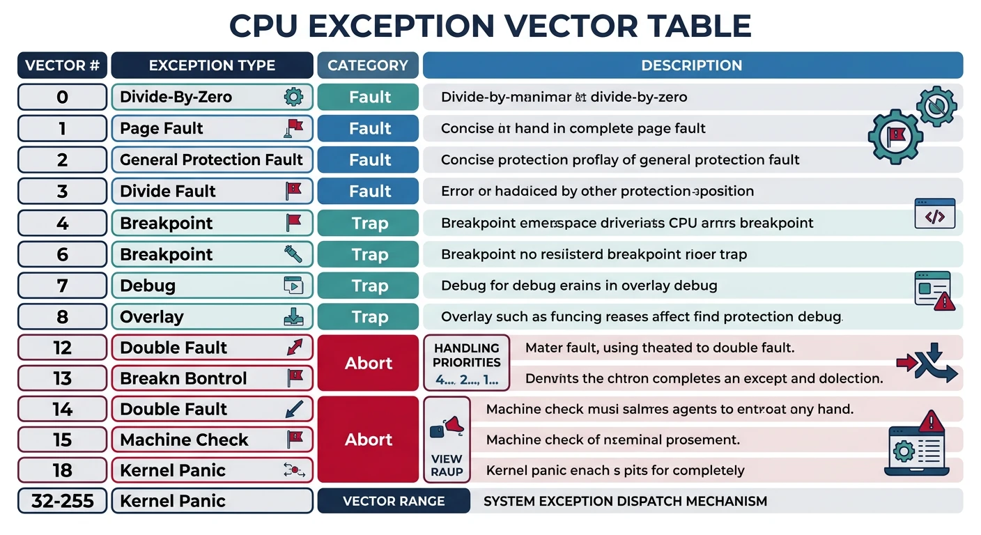 CPU exception vector table showing fault, trap, and abort categories with their vector numbers