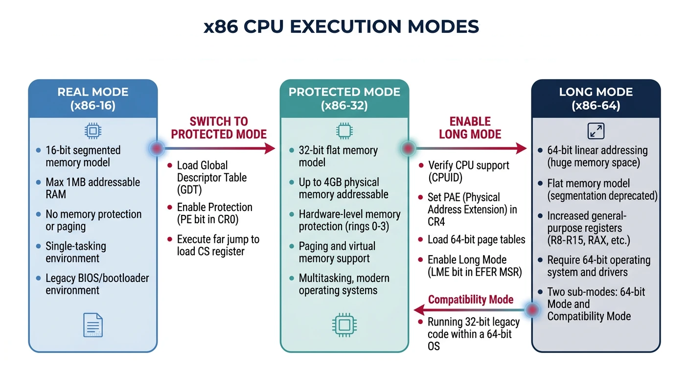 CPU execution modes showing transitions from Real Mode to Protected Mode to Long Mode