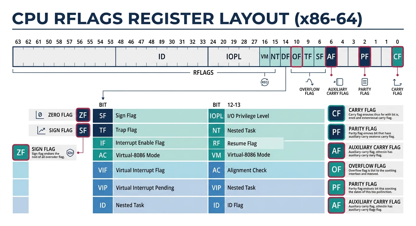 CPU RFLAGS register layout highlighting ZF, SF, CF, OF, PF, and AF flag positions