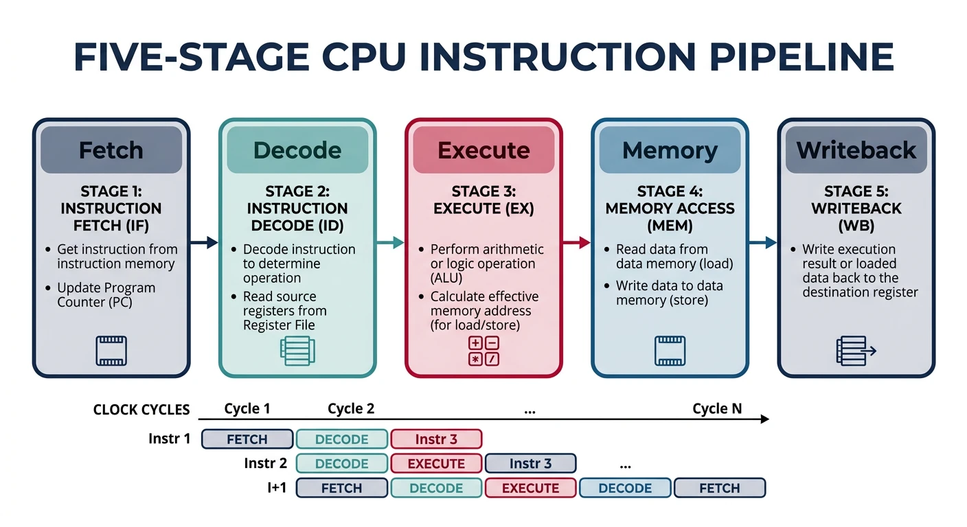 Five-stage CPU instruction pipeline showing Fetch, Decode, Execute, Memory, and Writeback stages
