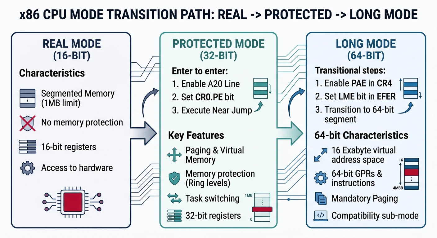 CPU mode transition path from real mode to protected mode to long mode