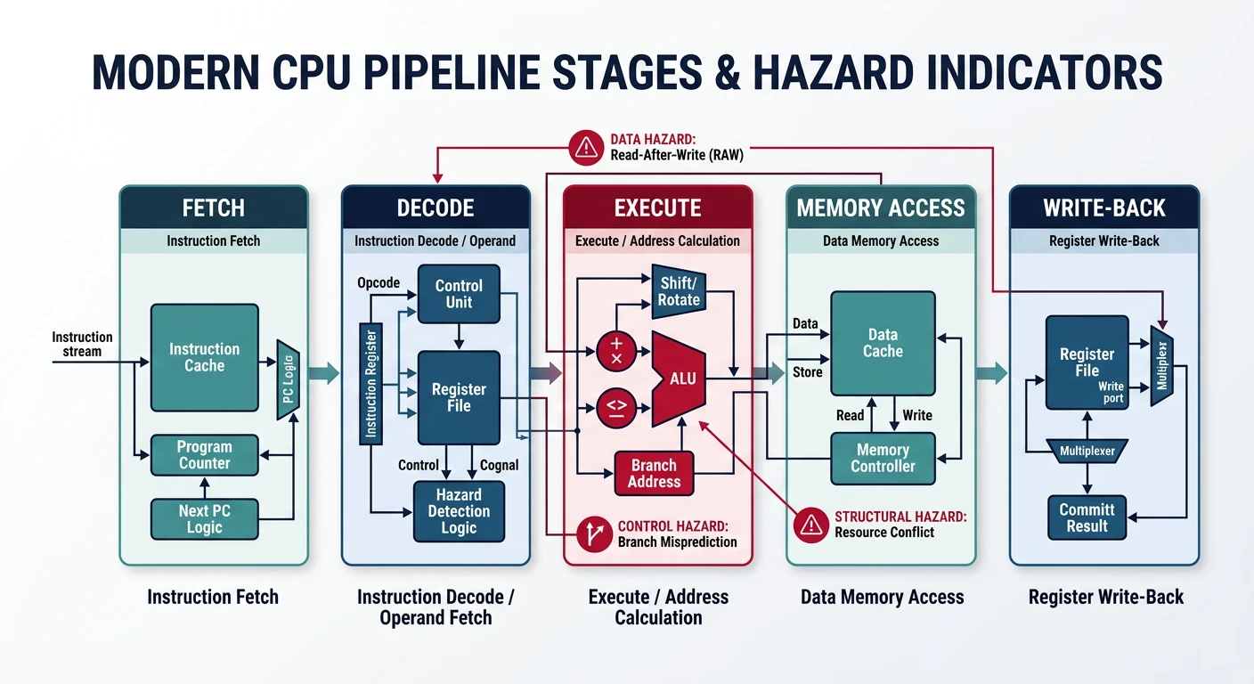 Modern CPU pipeline stages: fetch, decode, execute, memory access, and write-back with hazard indicators