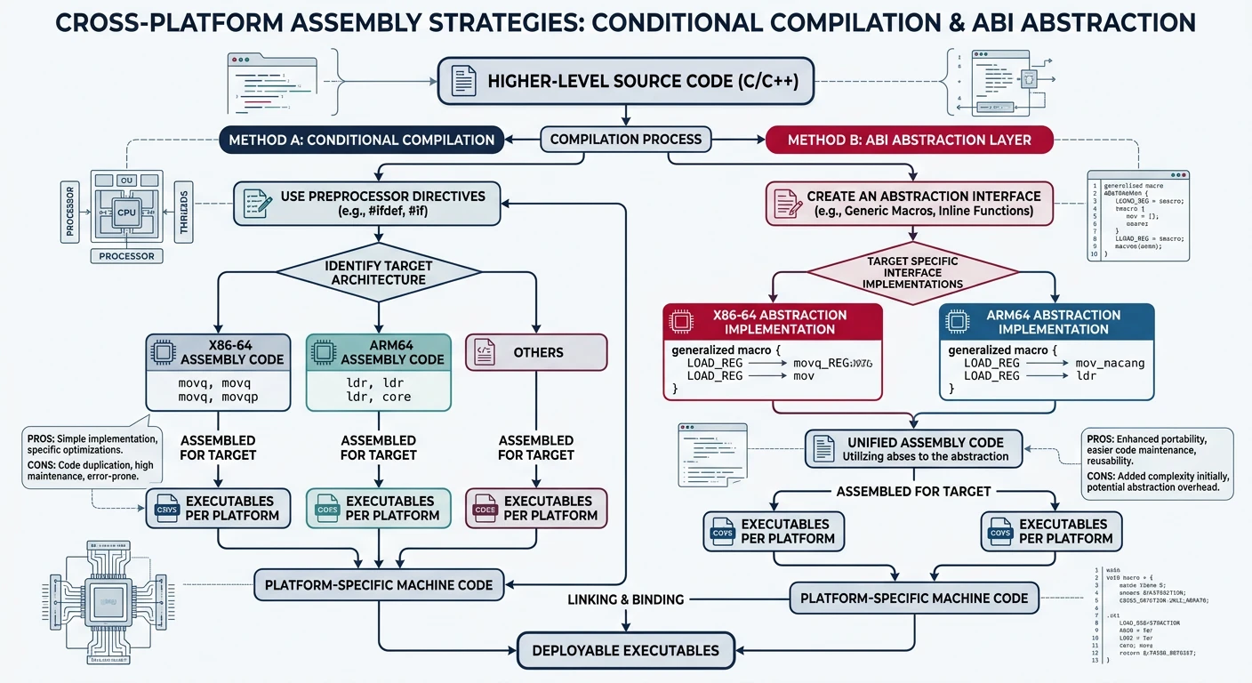 Flowchart showing cross-platform assembly strategies using conditional compilation and ABI abstraction