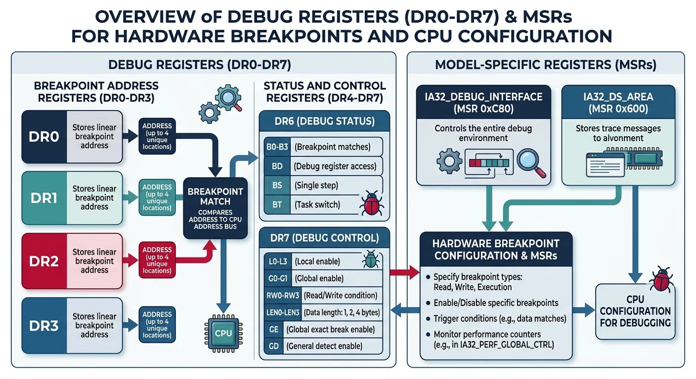Debug registers DR0-DR7 and MSR registers used for hardware breakpoints and CPU configuration