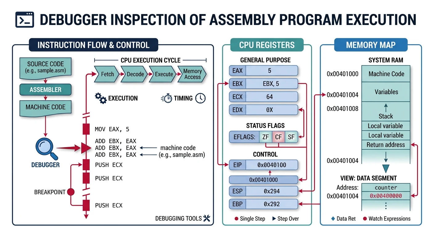 Debugger inspecting registers, memory, and instruction flow during assembly program execution