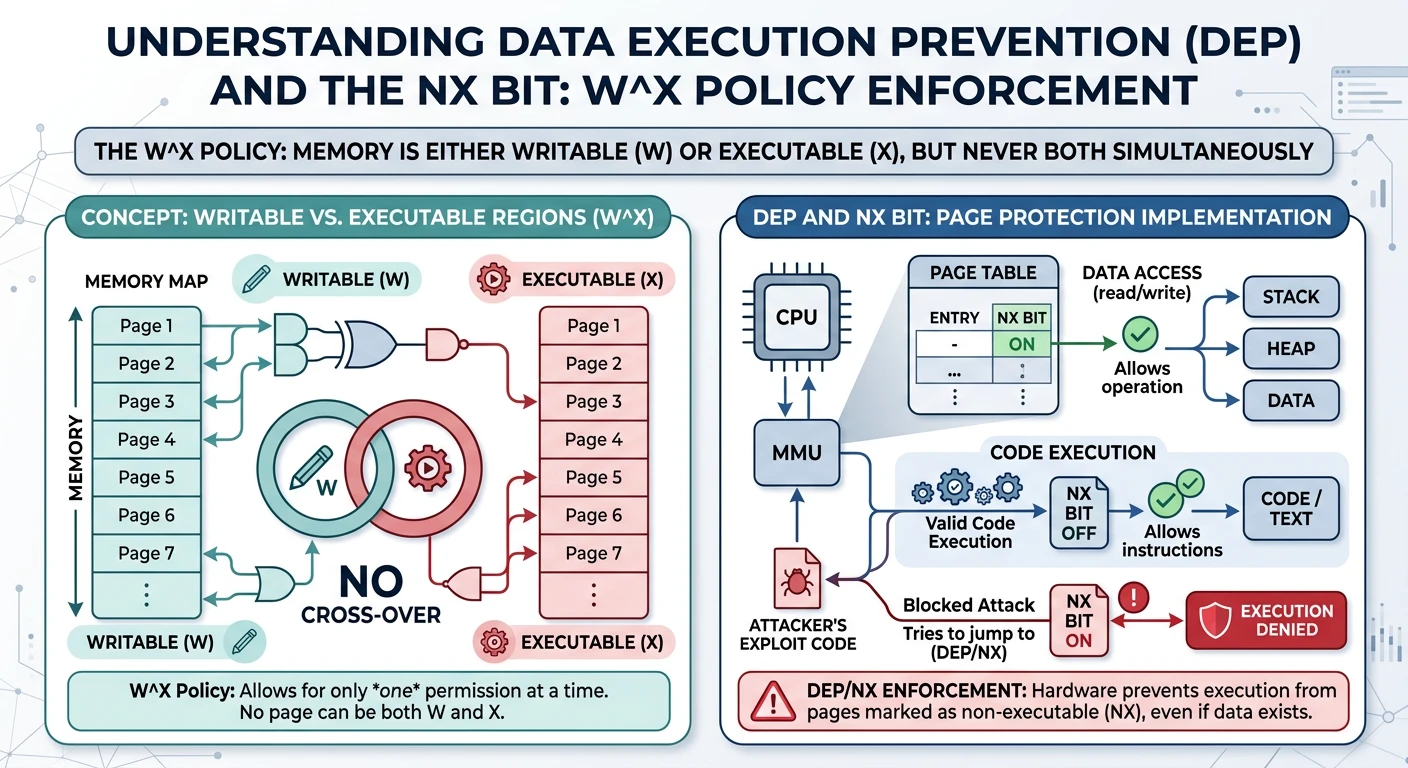 DEP and NX bit page protection showing W^X policy with executable vs writable memory regions