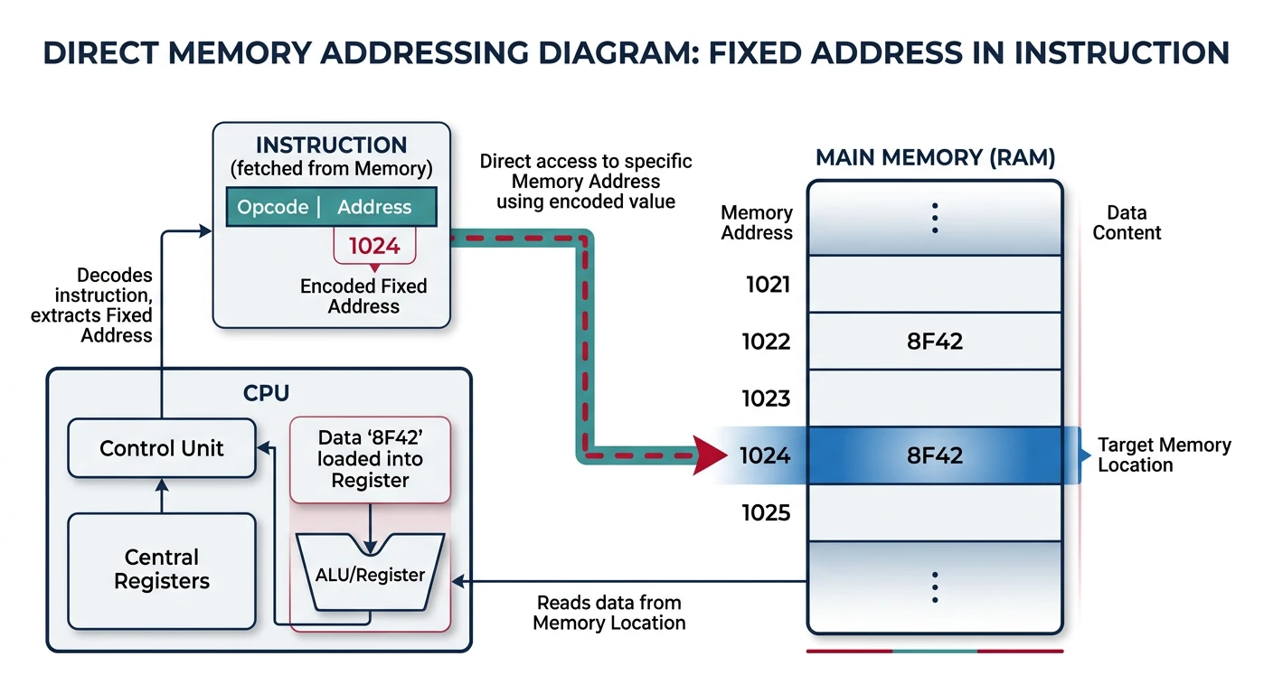 Diagram showing direct memory addressing with a fixed address encoded in the instruction
