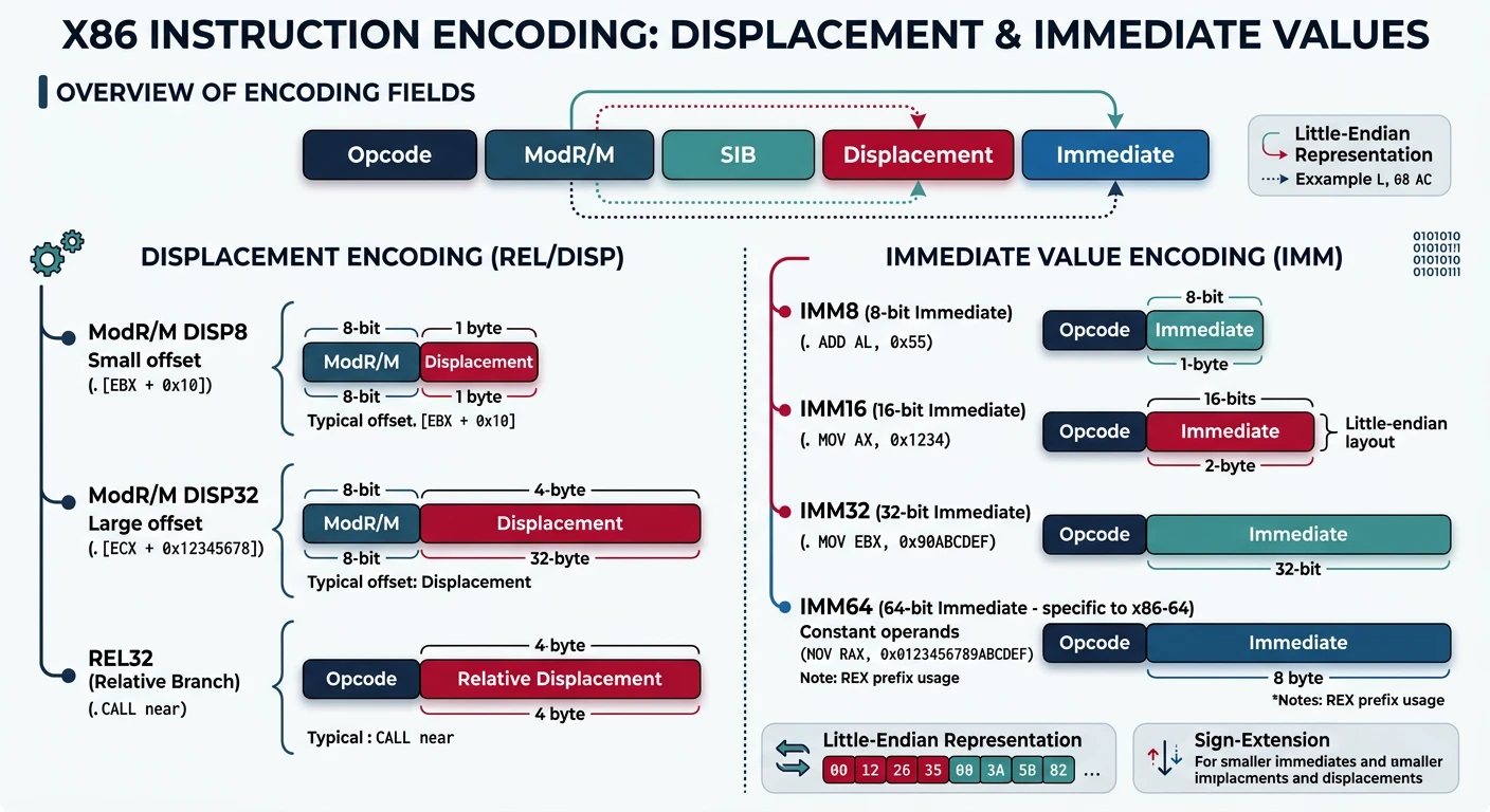 Displacement and immediate value encoding in x86 instructions with size variants