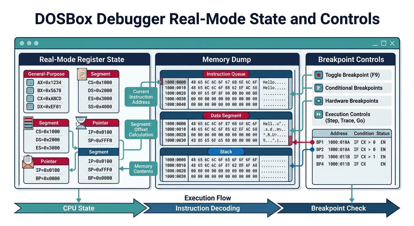DOSBox debugger showing real-mode register state, memory dump, and breakpoint controls