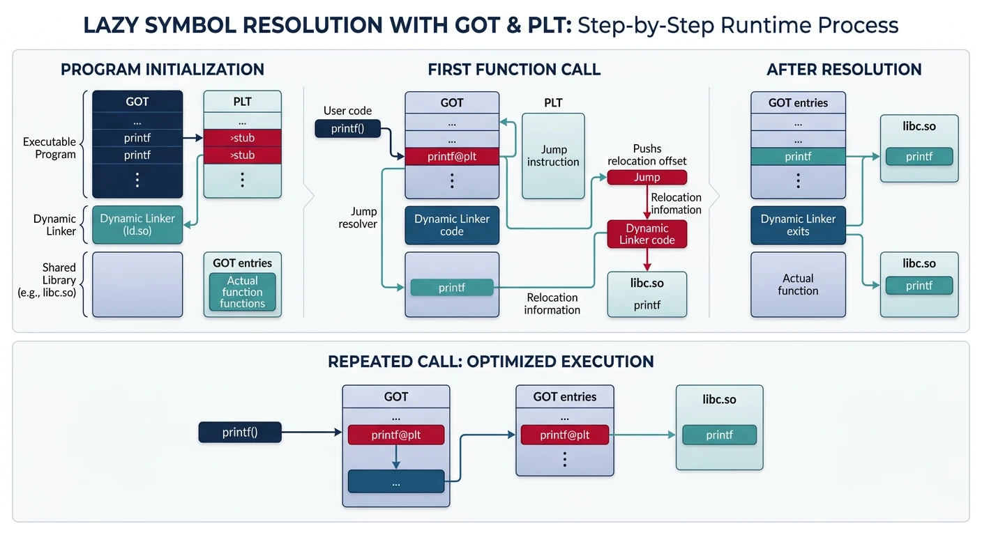 Dynamic linking with GOT and PLT showing lazy symbol resolution at runtime
