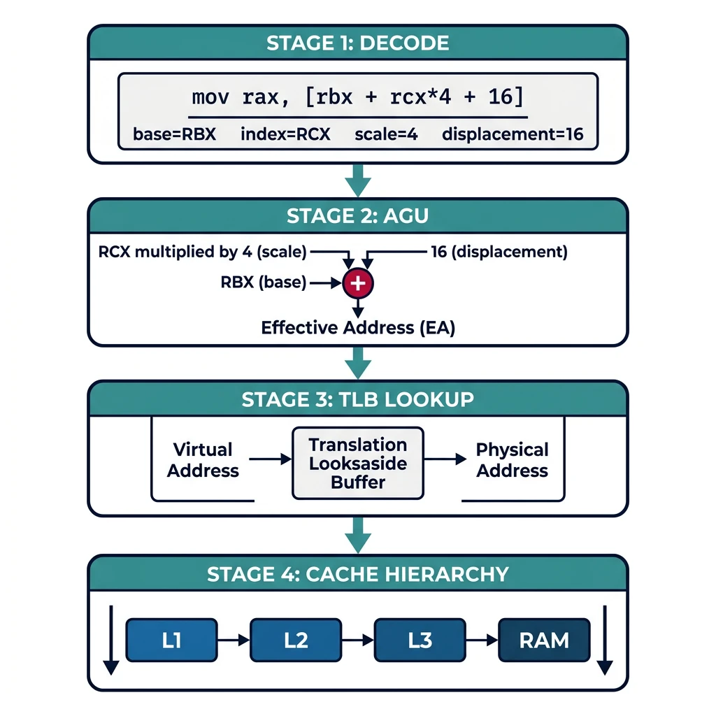 Diagram of CPU effective address calculation through AGU, TLB lookup, and cache hierarchy