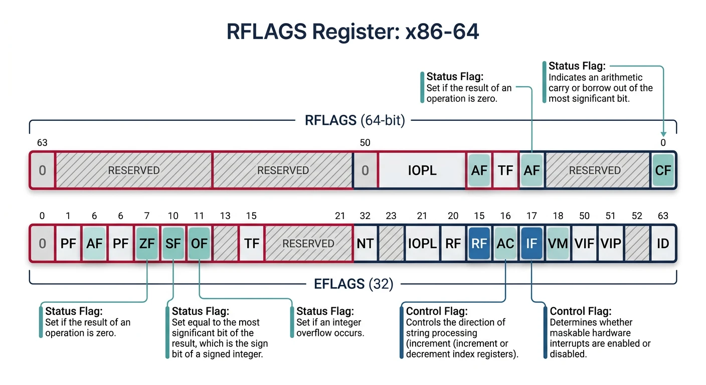 EFLAGS/RFLAGS register bit layout showing CF, ZF, SF, OF status flags and IF, DF control flags