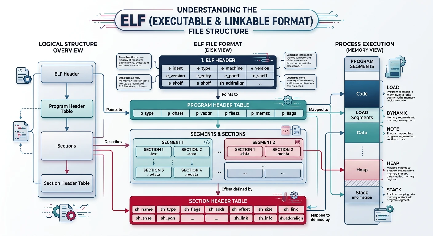 ELF file format structure showing header, section headers, and program segments
