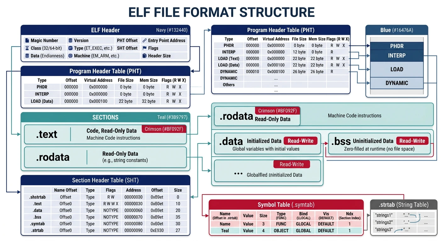 ELF file format structure showing header, program headers, sections for text, data, bss, and symbol tables