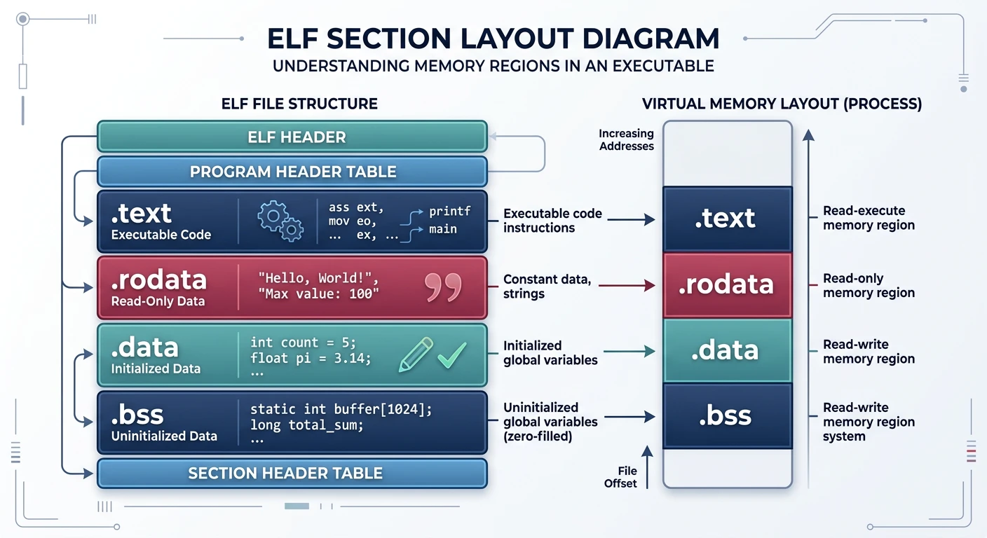 ELF section layout showing .text, .data, .bss, and .rodata memory regions
